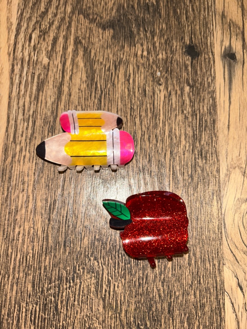 Yellow & Pink Pencil Hair Clip and Red Glitter Apple Clip - Kids Toys